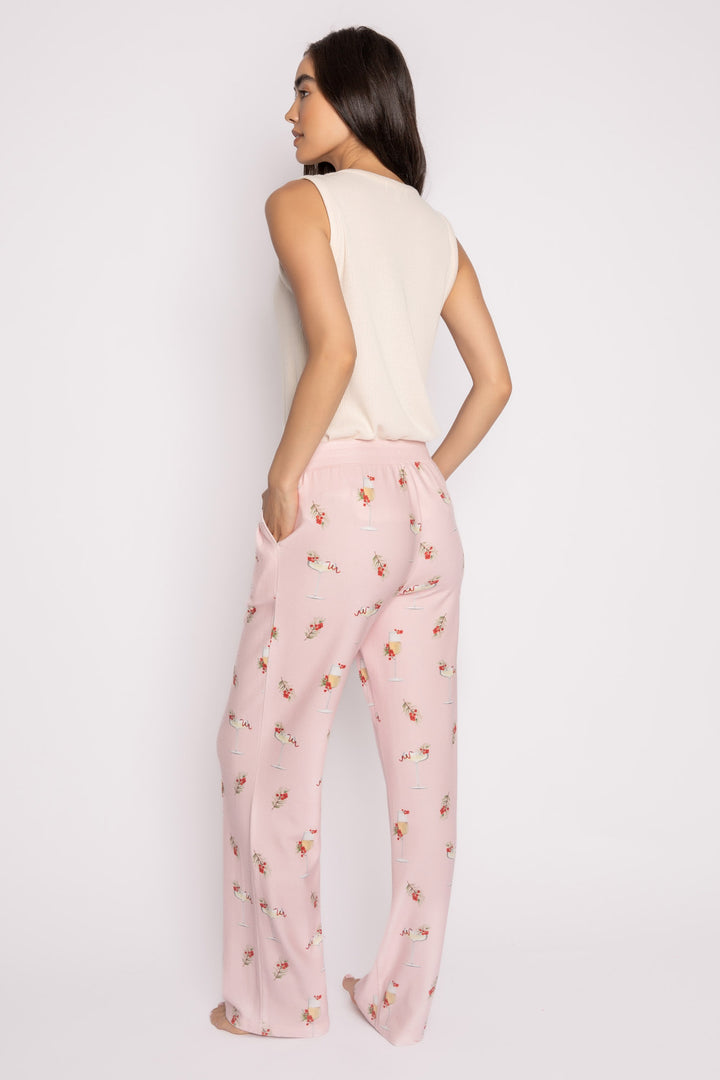 Light pink pj pant with mistletoe & cocktail print. Contrast red stitching & red tie waist. Side pockets. (7257677103204)