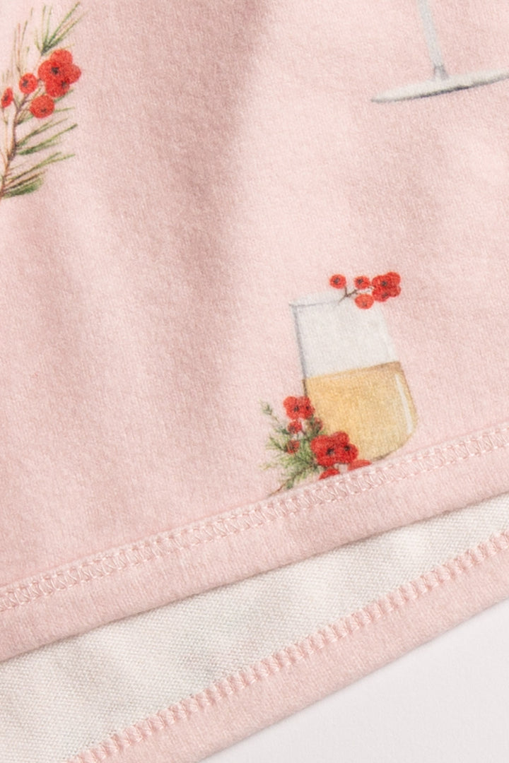 Light pink pj pant with mistletoe & cocktail print. Contrast red stitching & red tie waist. Side pockets. (7257677103204)