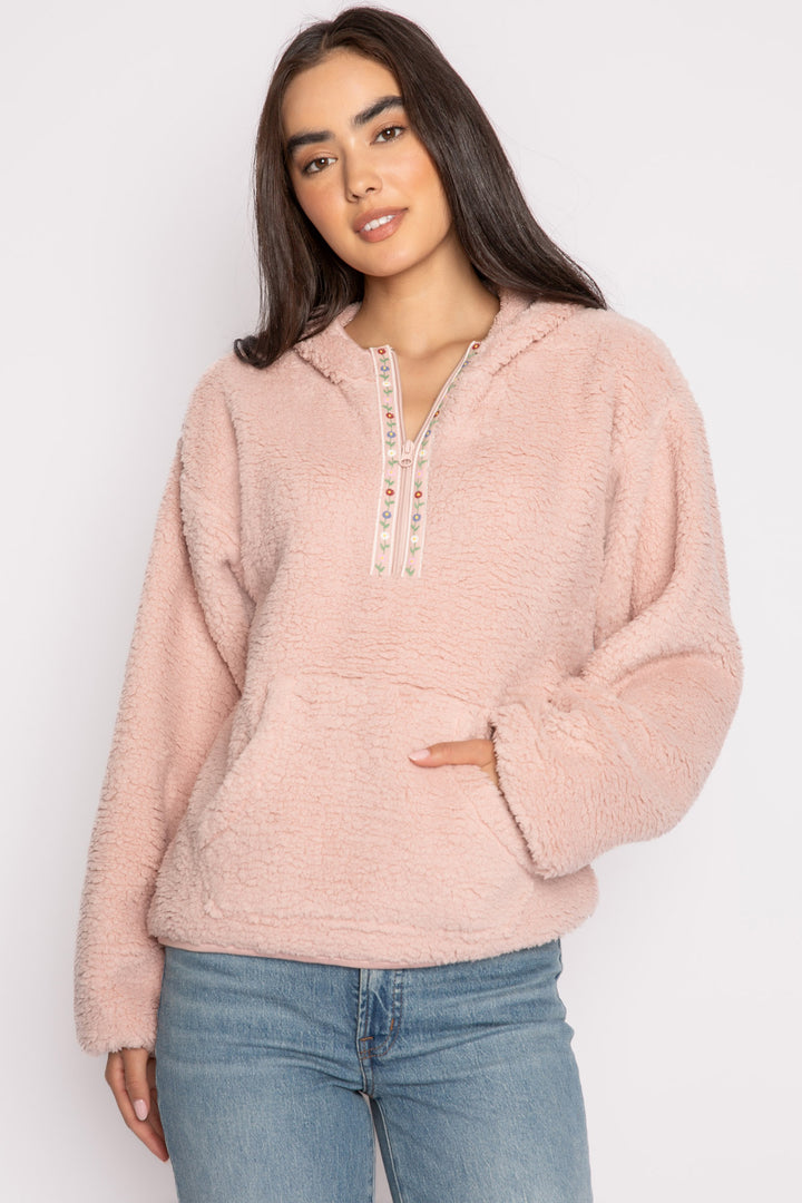 Pink half-zip pullover in faux shearling fur with embroidered taping. Front pocket & banded cuffs. (7257677267044)