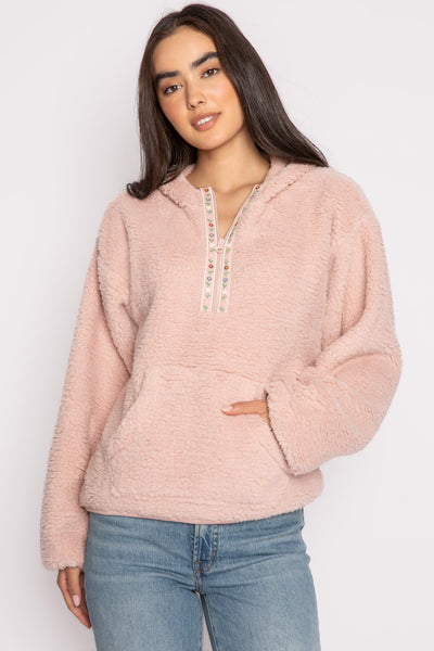 Pink half-zip pullover in faux shearling fur with embroidered taping. Front pocket & banded cuffs. (7257677267044)