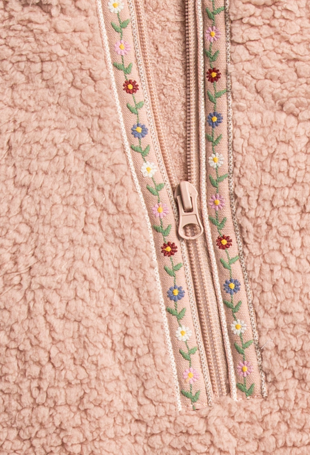 Pink half-zip pullover in faux shearling fur with embroidered taping. Front pocket & banded cuffs. (7257677267044)