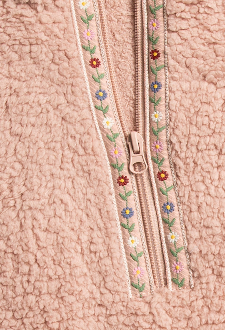Pink half-zip pullover in faux shearling fur with embroidered taping. Front pocket & banded cuffs. (7257677267044)