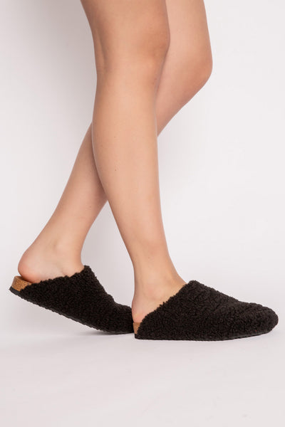 Black faux borg fleece clog-slipper, with tan cork-molded sole. (7257677332580)
