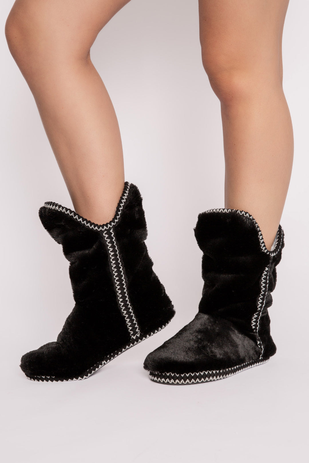 Dark slate faux fur slouchy bootie with side taping. Molded sole for indoor-outdoor wear. (7257677496420)