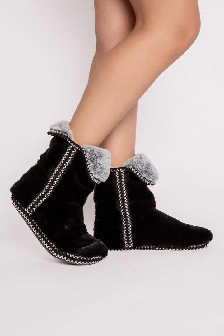 Dark slate faux fur slouchy bootie with side taping. Molded sole for indoor-outdoor wear. (7257677496420)