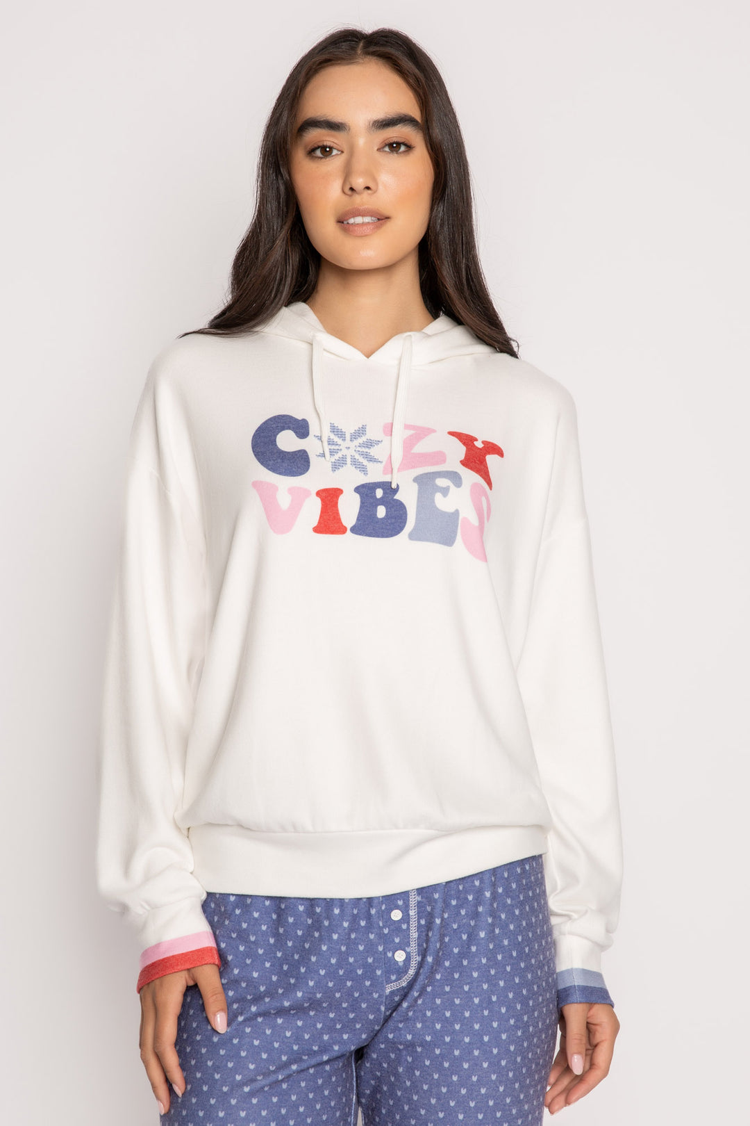 Ivory pullover hoody top with 'Cozy Vibes' print & embroidered chest. Relaxed fit with multi striped cuffs. (7257677529188)