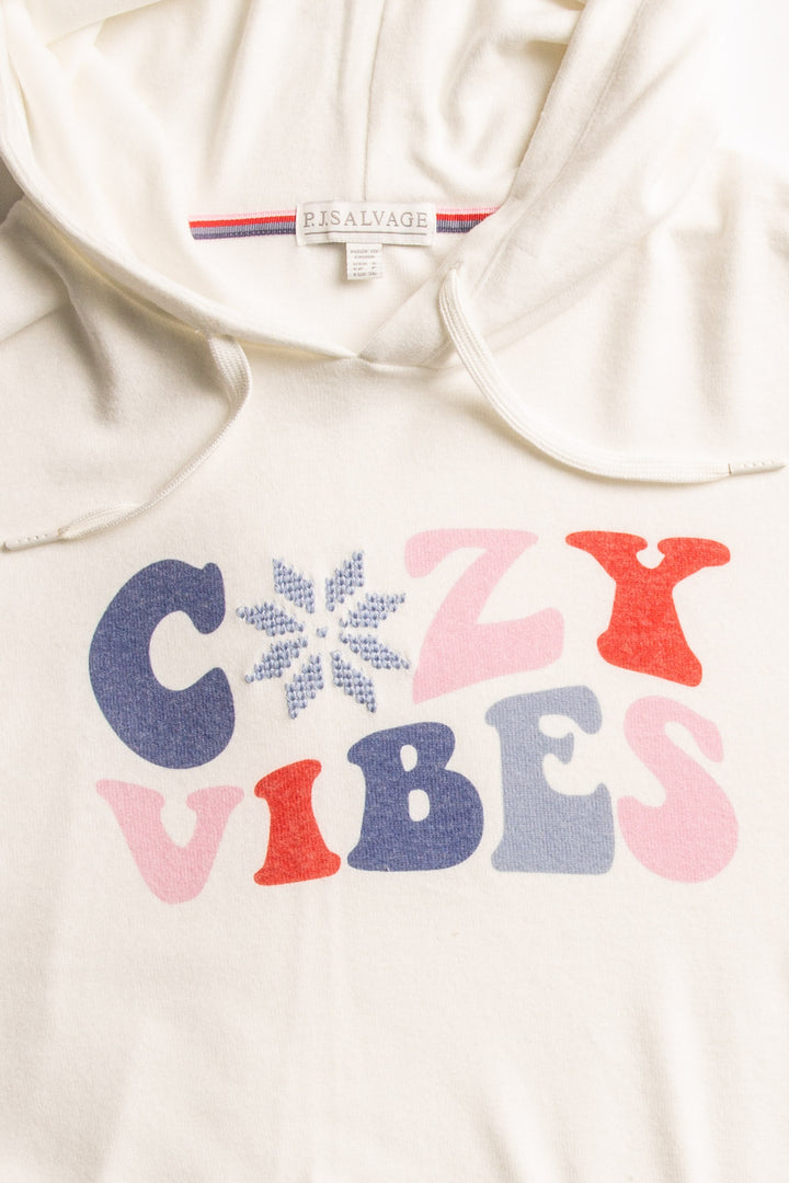 Ivory pullover hoody top with 'Cozy Vibes' print & embroidered chest. Relaxed fit with multi striped cuffs. (7257677529188)