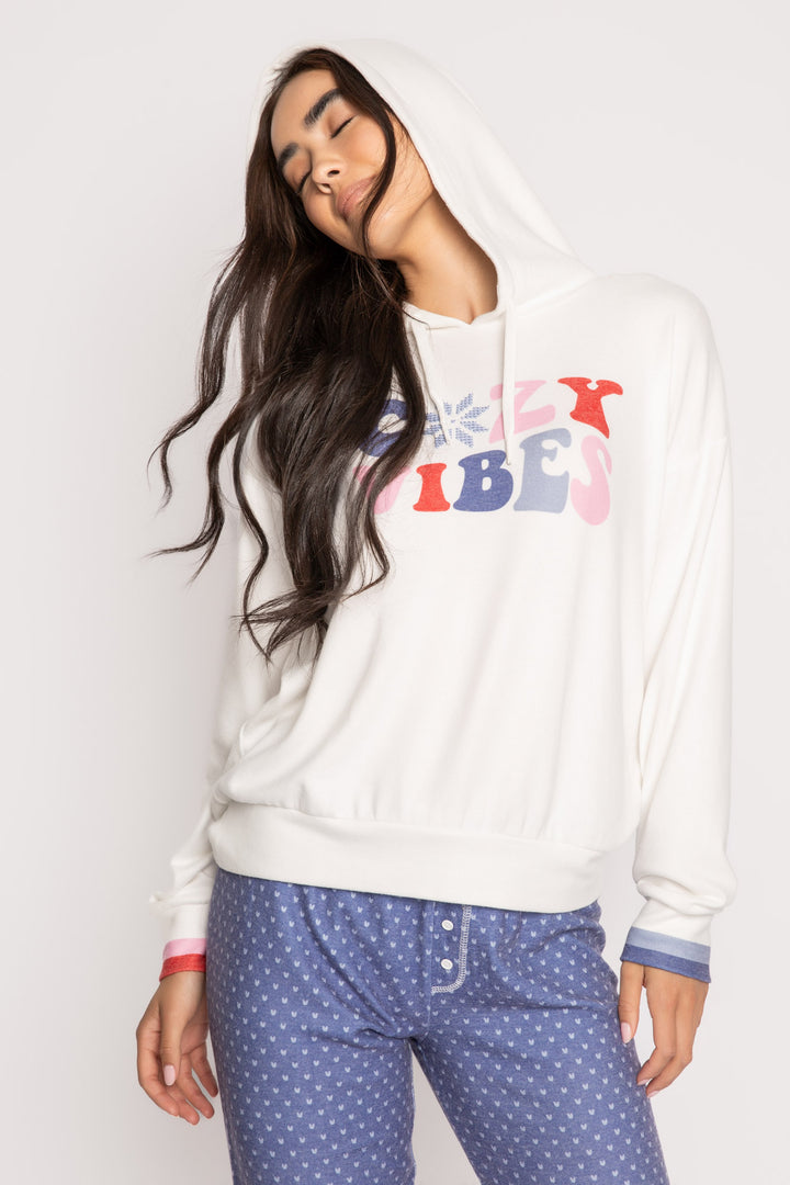 Ivory pullover hoody top with 'Cozy Vibes' print & embroidered chest. Relaxed fit with multi striped cuffs. (7257677529188)