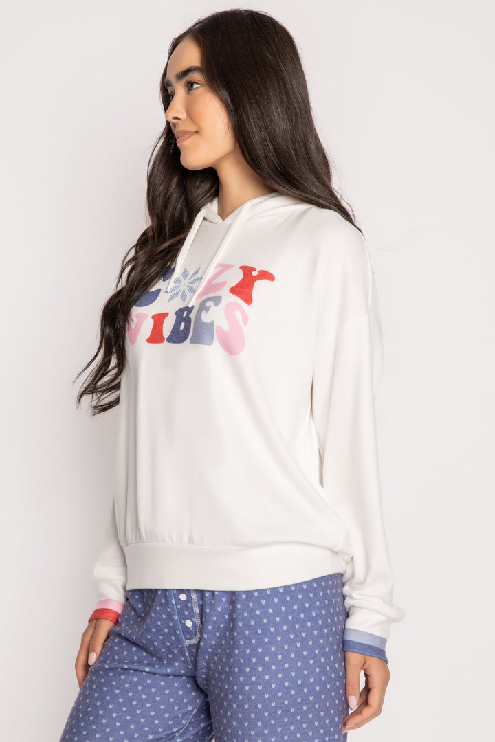 Ivory pullover hoody top with 'Cozy Vibes' print & embroidered chest. Relaxed fit with multi striped cuffs. (7257677529188)