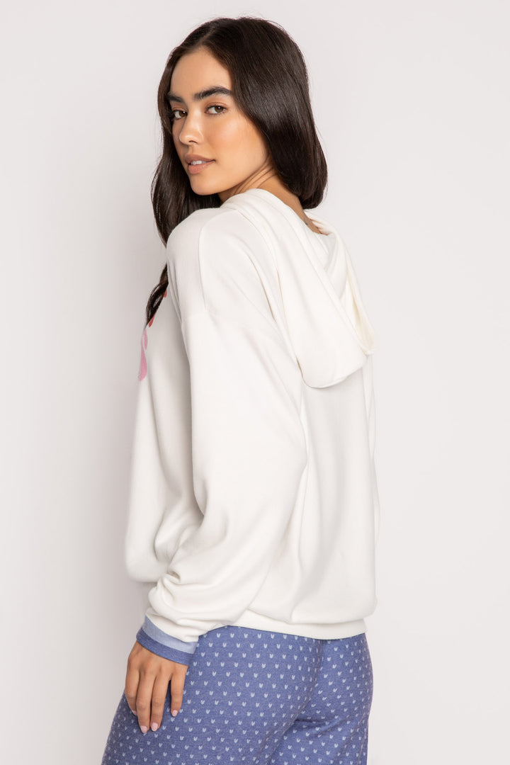 Ivory pullover hoody top with 'Cozy Vibes' print & embroidered chest. Relaxed fit with multi striped cuffs. (7257677529188)