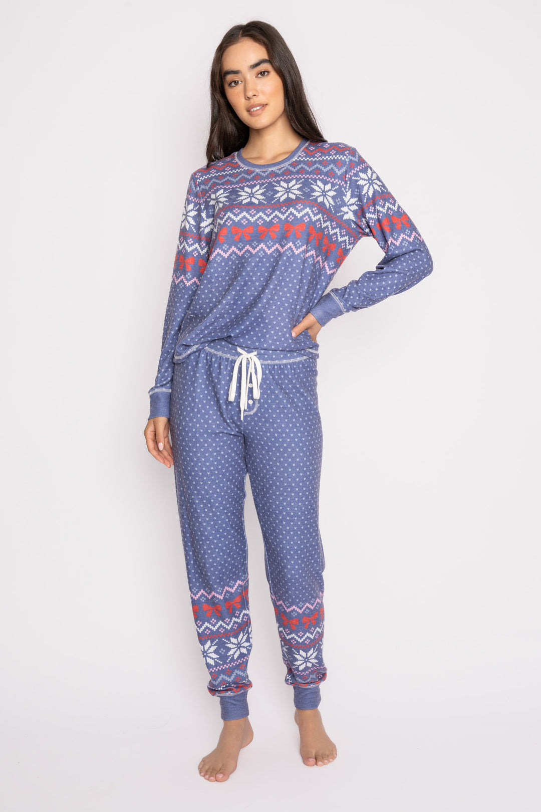 Pajama set in blue festive fair isle pattern in ivory-red-pink. Pullover top & jammie pant set. (7257677693028)