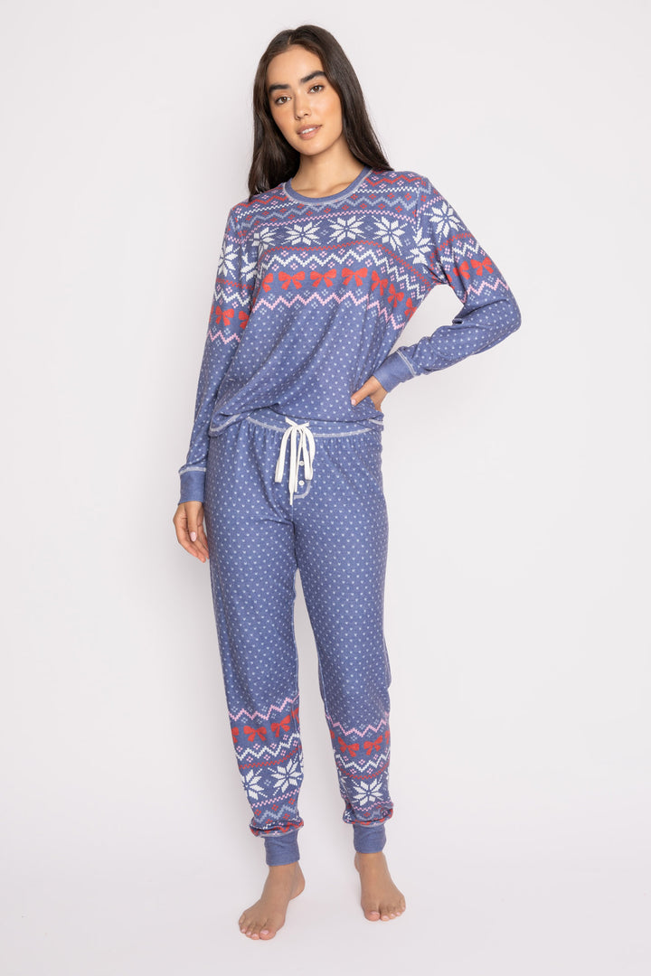 Pajama set in blue festive fair isle pattern in ivory-red-pink. Pullover top & jammie pant set. (7257677693028)