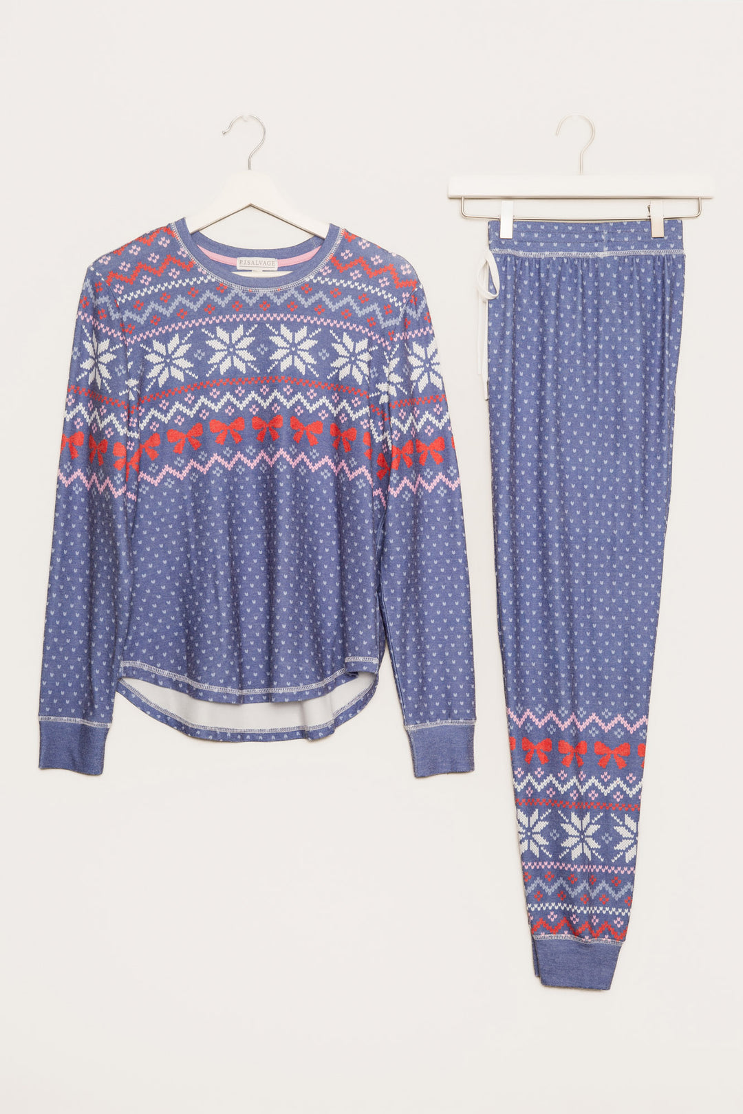 Pajama set in blue festive fair isle pattern in ivory-red-pink. Pullover top & jammie pant set. (7257677693028)