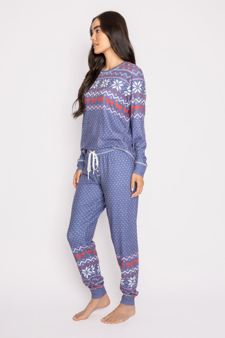 Pajama set in blue festive fair isle pattern in ivory-red-pink. Pullover top & jammie pant set. (7257677693028)