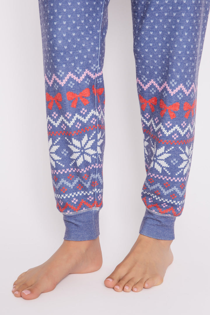 Pajama set in blue festive fair isle pattern in ivory-red-pink. Pullover top & jammie pant set. (7257677693028)