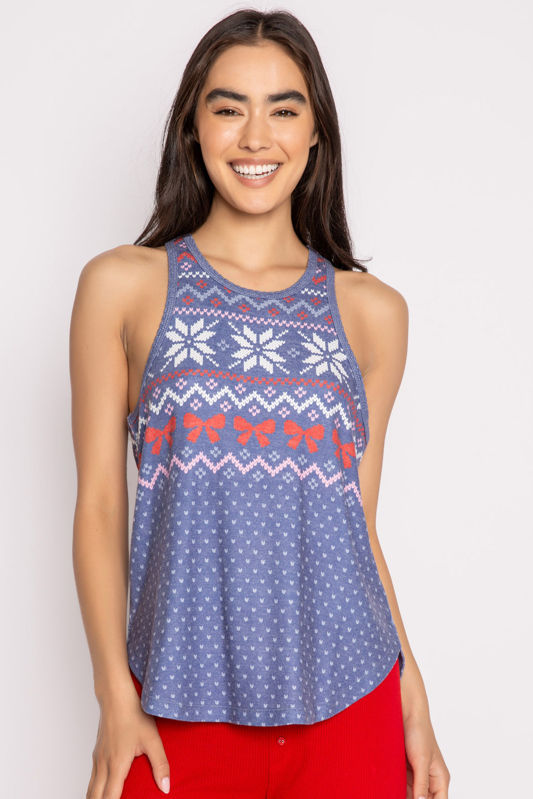 Sleep tank top in blue festive fair isle pattern in ivory-red-pink. Racer back with rounded hem. (7257677725796)