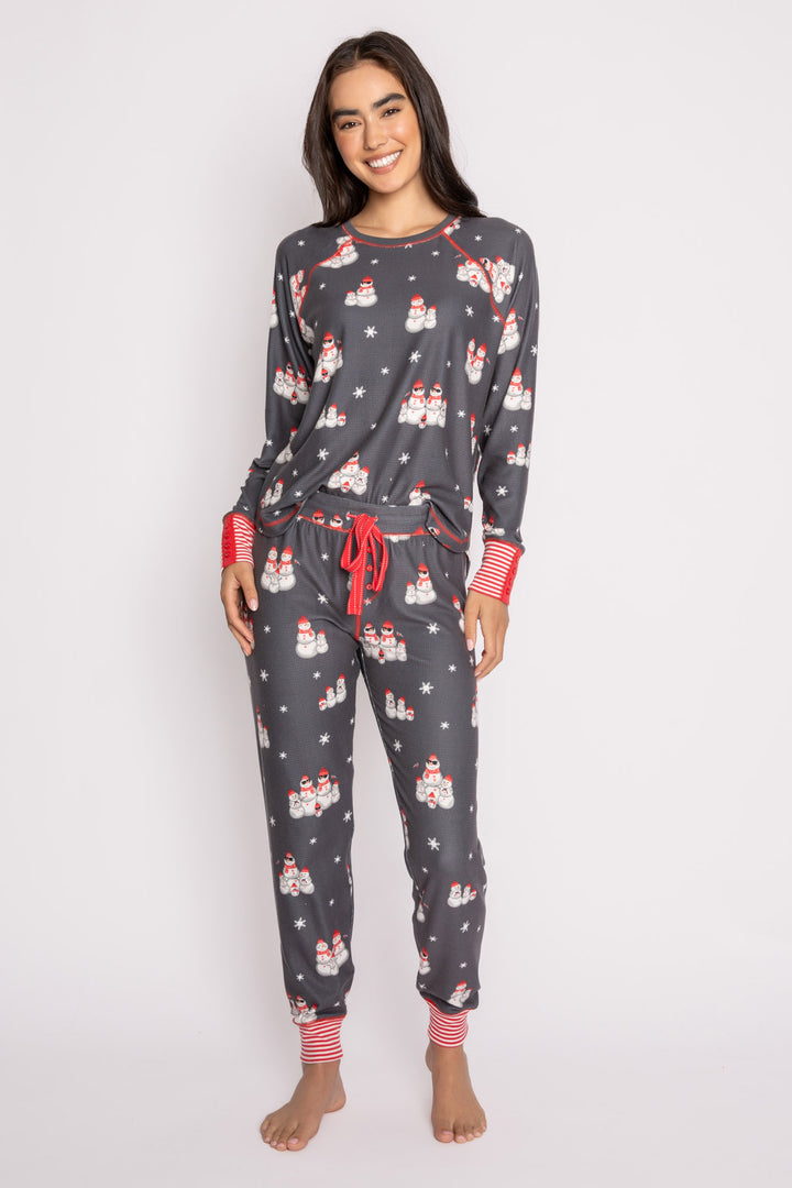 Festive pj set in grey thermal velour top & jammie pant with snowman print. Red & white striped cuffs. (7257677922404)