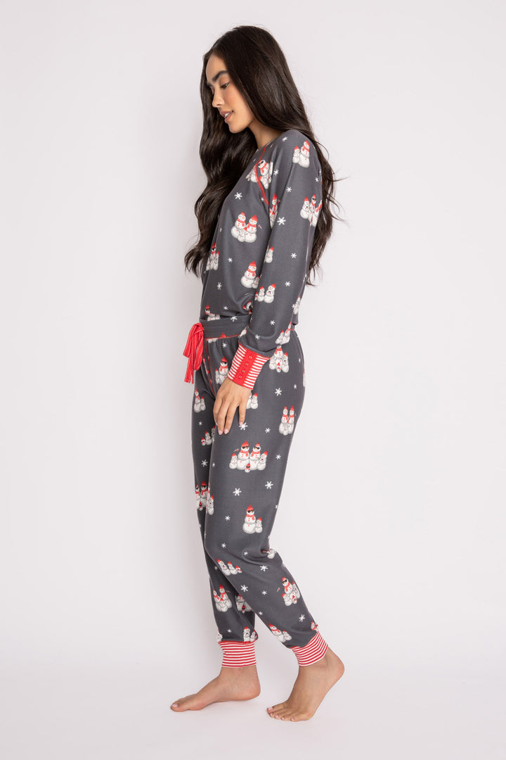 Festive pj set in grey thermal velour top & jammie pant with snowman print. Red & white striped cuffs. (7257677922404)