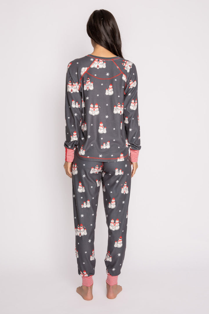 Festive pj set in grey thermal velour top & jammie pant with snowman print. Red & white striped cuffs. (7257677922404)
