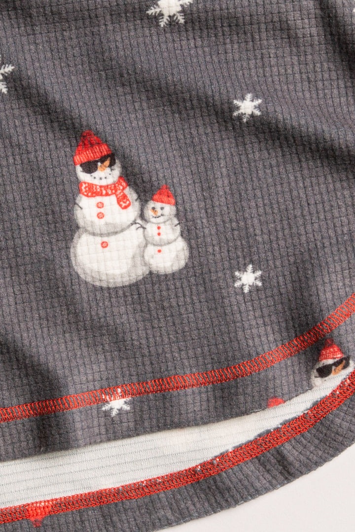 Festive pj set in grey thermal velour top & jammie pant with snowman print. Red & white striped cuffs. (7257677922404)