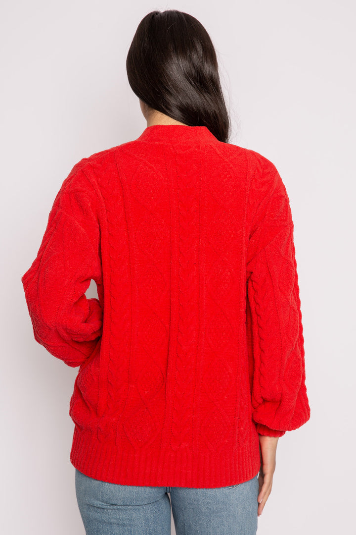Cardigan sweater in red chenille knit cable pattern. Two lower front pockets & 3-button closure. (7257677987940)