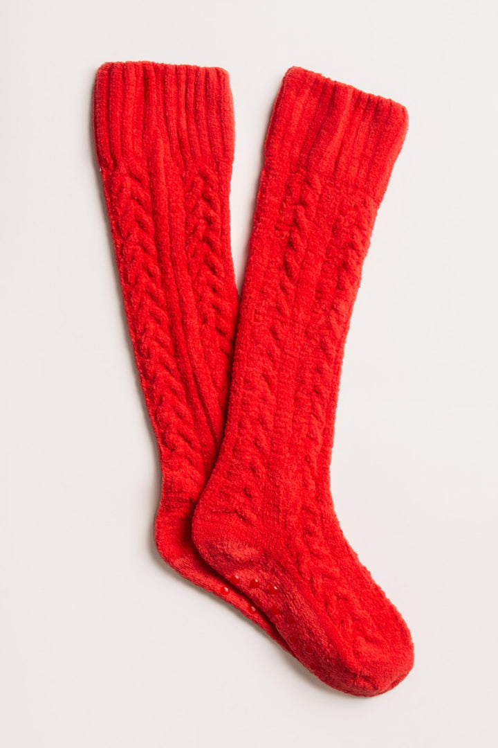 Knee socks in red chenille knit cable pattern. Soft & fuzzy & warm. (7257678020708)