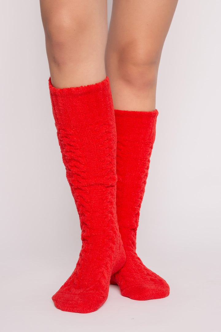 Knee socks in red chenille knit cable pattern. Soft & fuzzy & warm. (7257678020708)