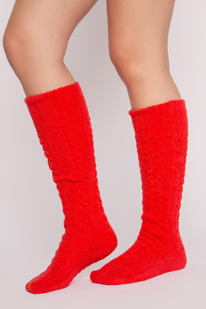 Knee socks in red chenille knit cable pattern. Soft & fuzzy & warm. (7257678020708)