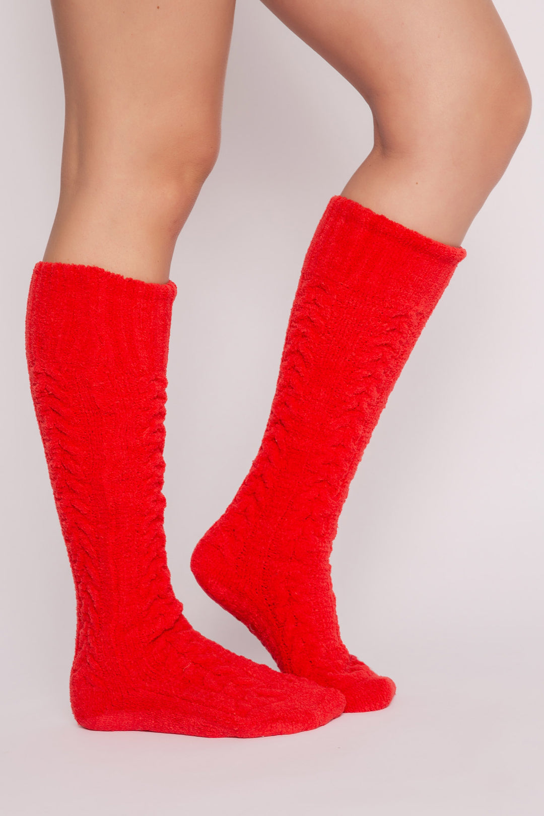 Knee socks in red chenille knit cable pattern. Soft & fuzzy & warm. (7257678020708)