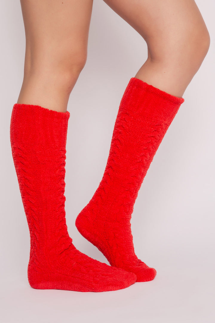 Knee socks in red chenille knit cable pattern. Soft & fuzzy & warm. (7257678020708)