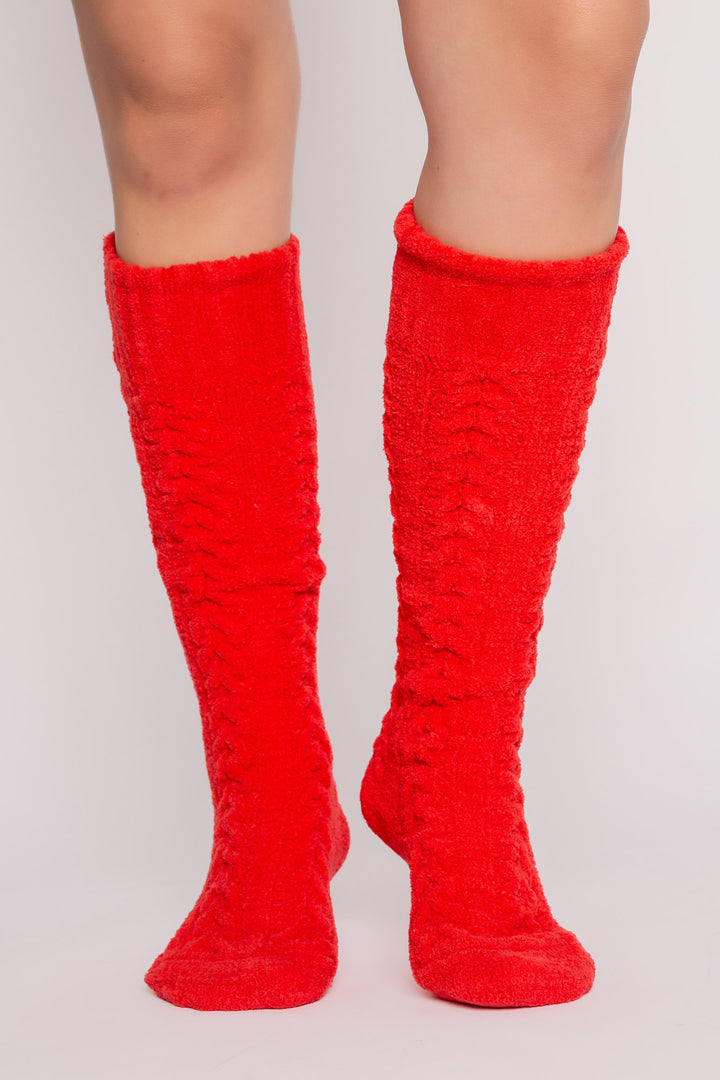 Knee socks in red chenille knit cable pattern. Soft & fuzzy & warm. (7257678020708)