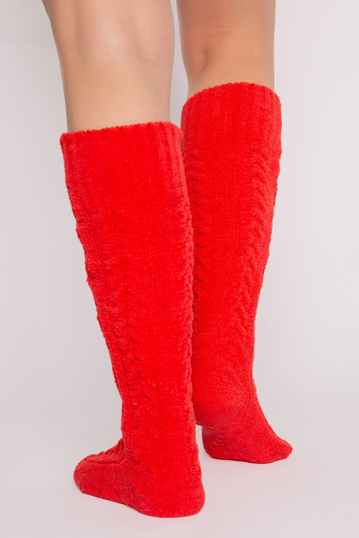 Knee socks in red chenille knit cable pattern. Soft & fuzzy & warm. (7257678020708)
