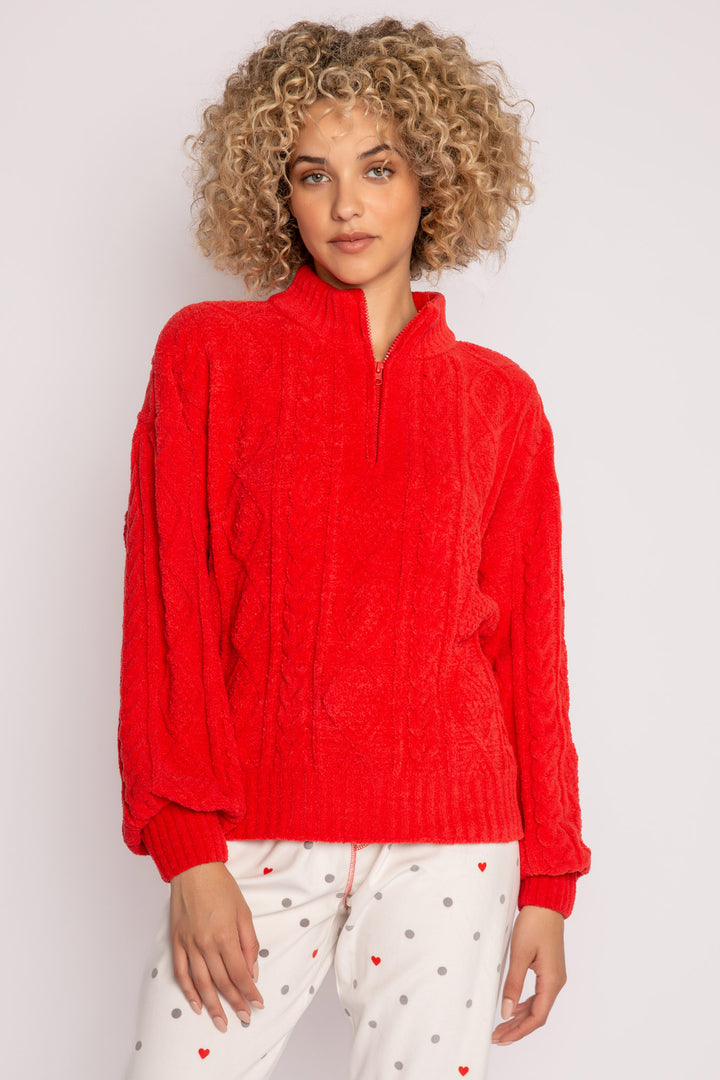 1/2 zip pullover with high neck, in red chenille knit cable pattern. Relaxed fit with rib cuffs. (7257678053476)