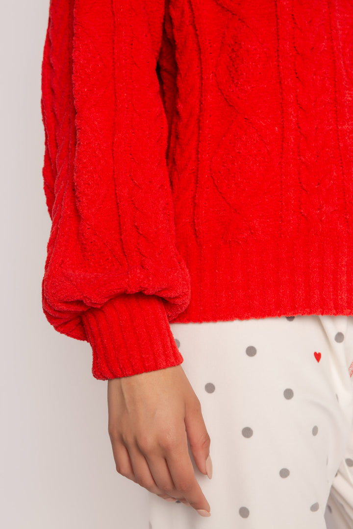 1/2 zip pullover with high neck, in red chenille knit cable pattern. Relaxed fit with rib cuffs. (7257678053476)
