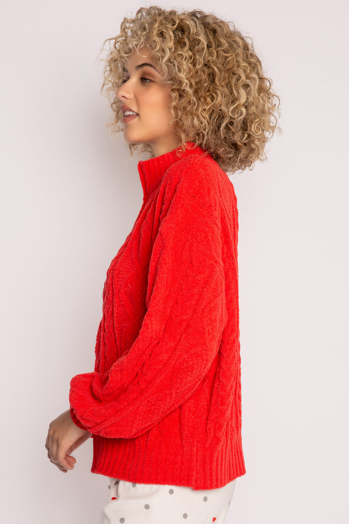 1/2 zip pullover with high neck, in red chenille knit cable pattern. Relaxed fit with rib cuffs. (7257678053476)