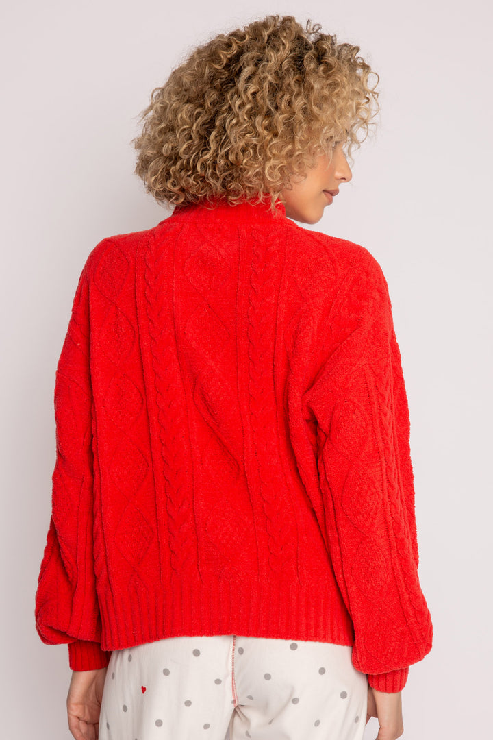 1/2 zip pullover with high neck, in red chenille knit cable pattern. Relaxed fit with rib cuffs. (7257678053476)