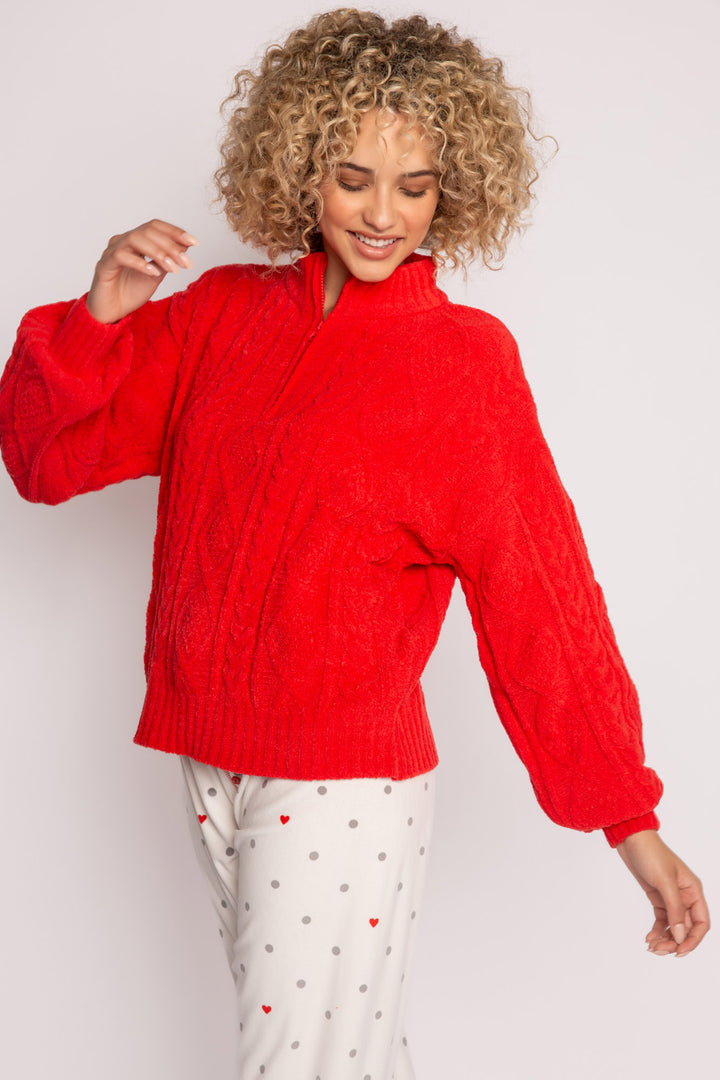 1/2 zip pullover with high neck, in red chenille knit cable pattern. Relaxed fit with rib cuffs. (7257678053476)