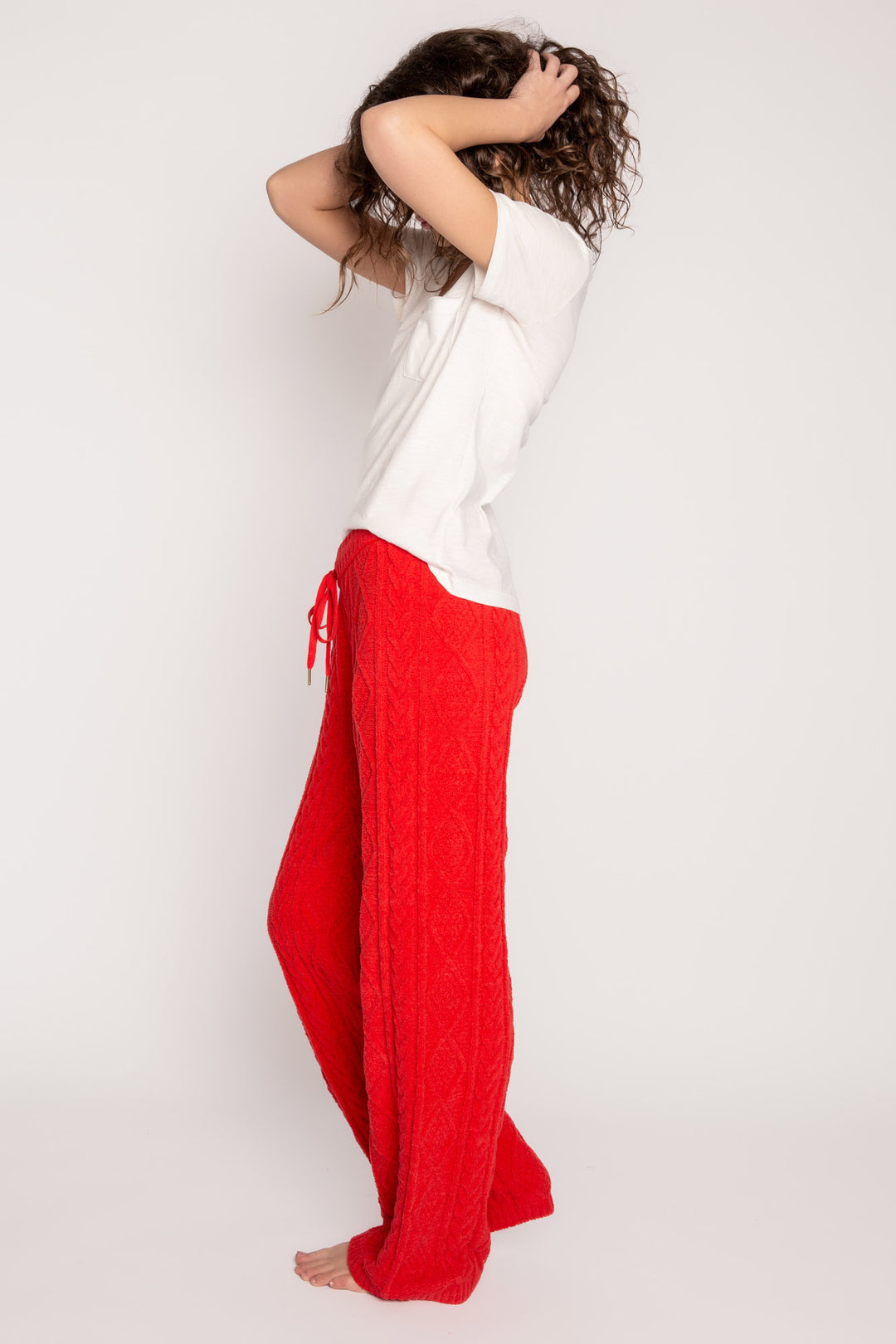 Straight leg lounge pant in red chenille knit cable pattern. Knit waist with tie. (7257678250084)