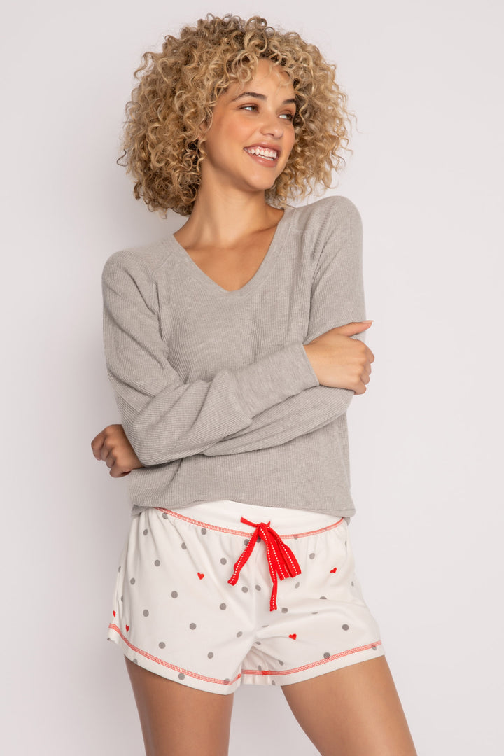 Silky velour knit pajama short in ivory-grey-red dot pattern. Contrast red stitching & red tie-waist (7257678315620)