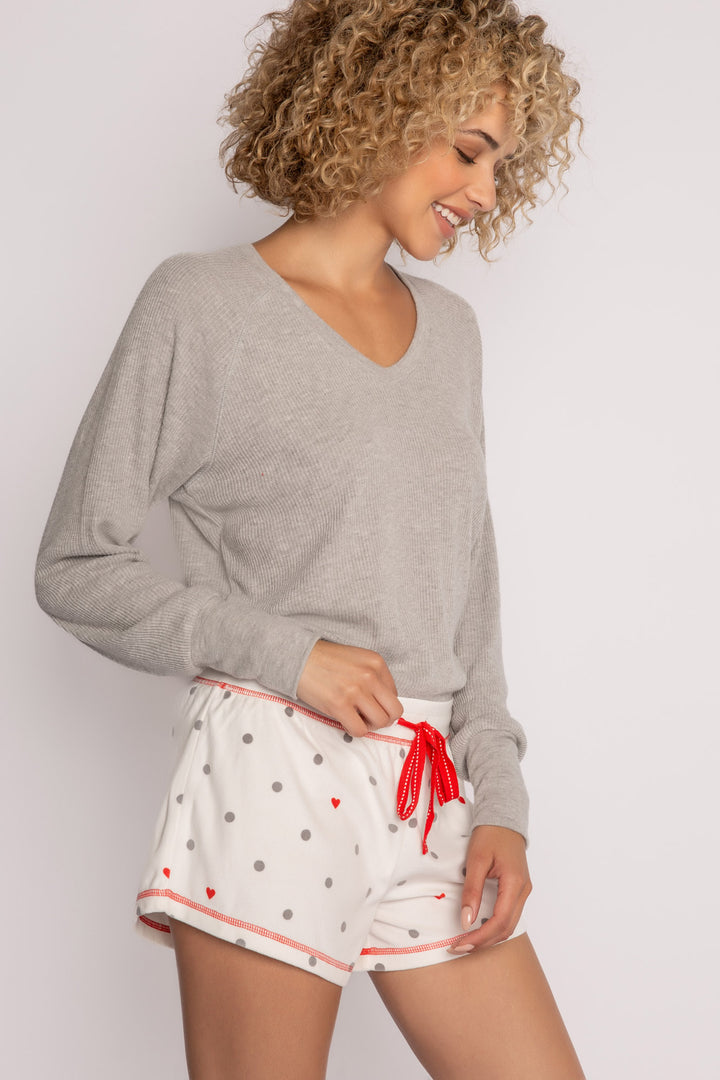 Silky velour knit pajama short in ivory-grey-red dot pattern. Contrast red stitching & red tie-waist (7257678315620)