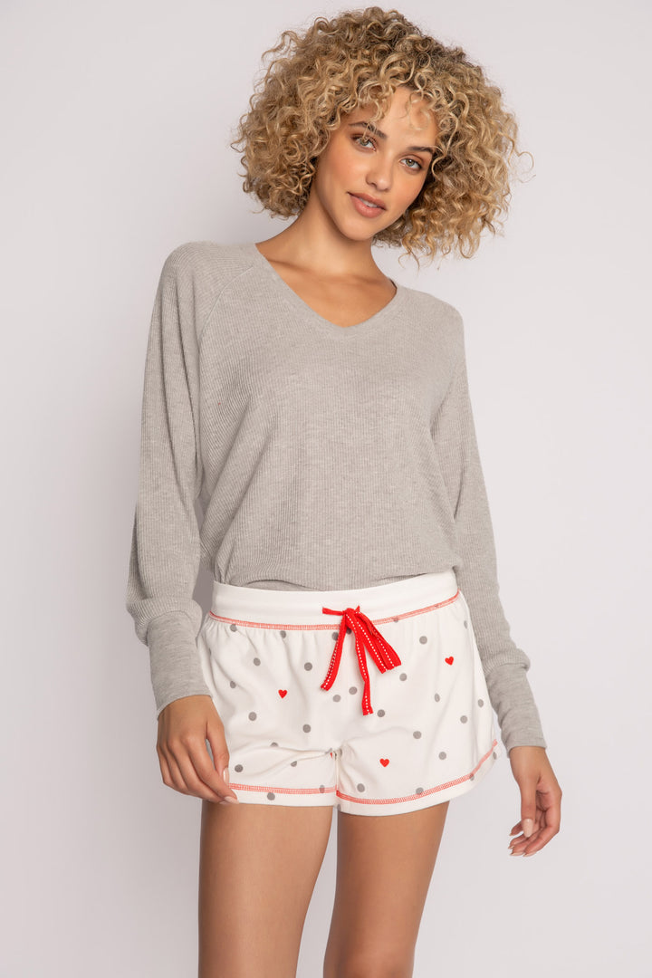 Silky velour knit pajama short in ivory-grey-red dot pattern. Contrast red stitching & red tie-waist (7257678315620)