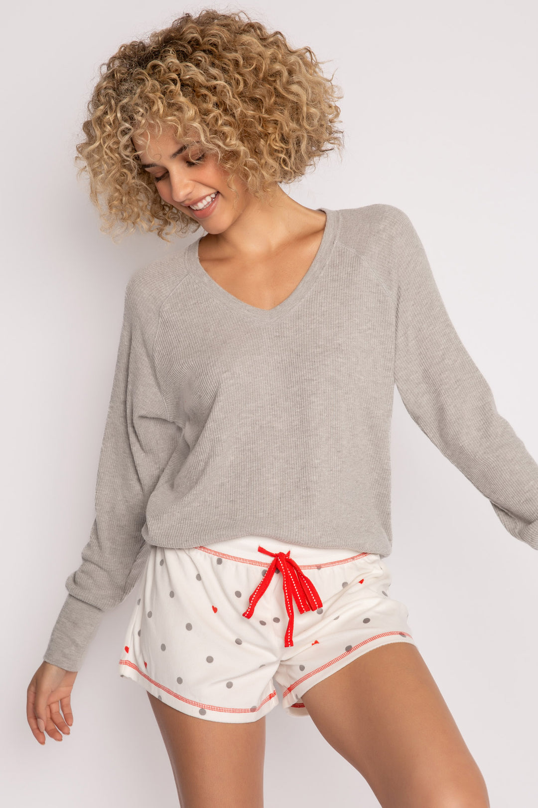 Silky velour knit pajama short in ivory-grey-red dot pattern. Contrast red stitching & red tie-waist (7257678315620)