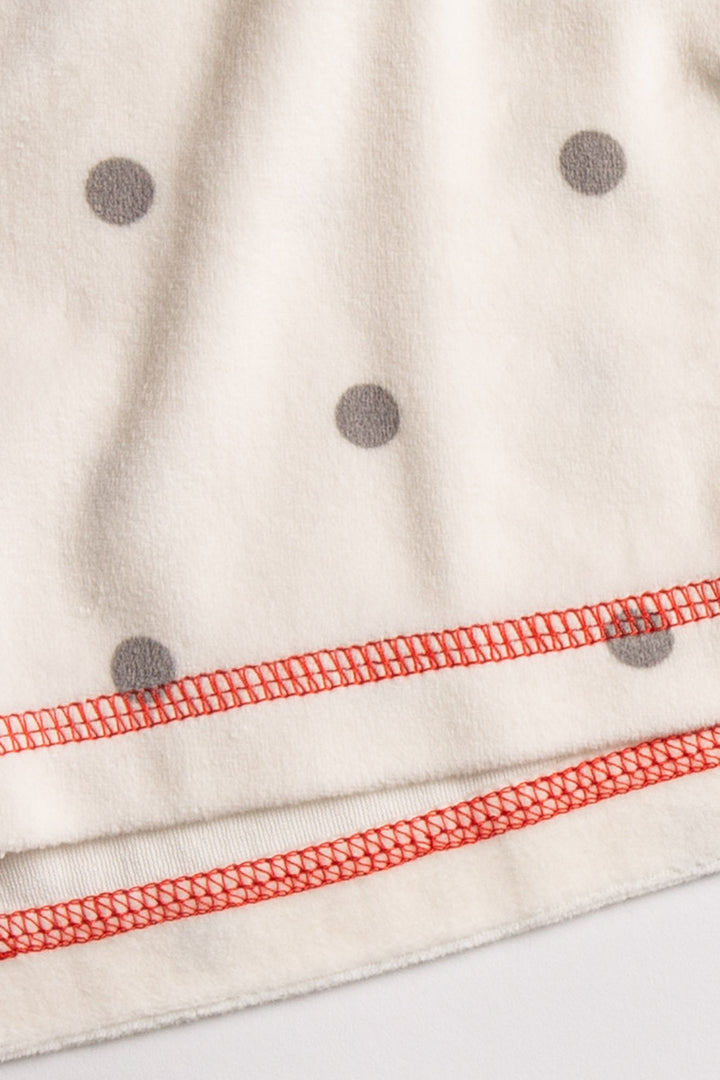 Silky velour knit pajama short in ivory-grey-red dot pattern. Contrast red stitching & red tie-waist (7257678315620)