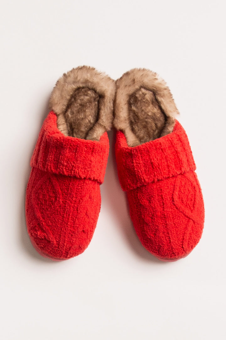 Slippers in red chenille knit cable pattern with rib trim. Molded sole & soft food-bed. (7257678348388)