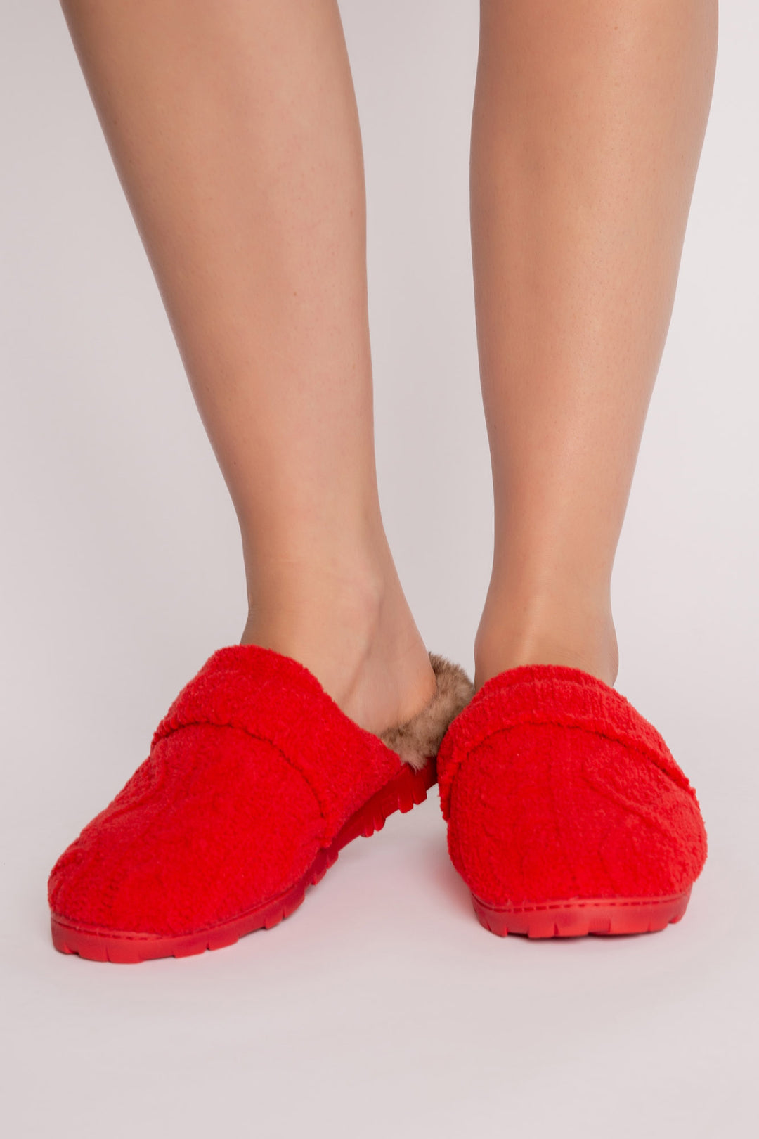 Slippers in red chenille knit cable pattern with rib trim. Molded sole & soft food-bed. (7257678348388)