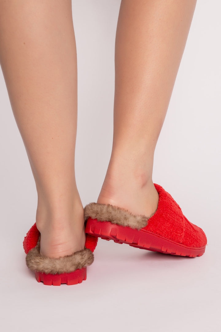 Slippers in red chenille knit cable pattern with rib trim. Molded sole & soft food-bed. (7257678348388)