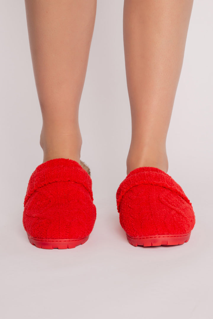 Slippers in red chenille knit cable pattern with rib trim. Molded sole & soft food-bed. (7257678348388)