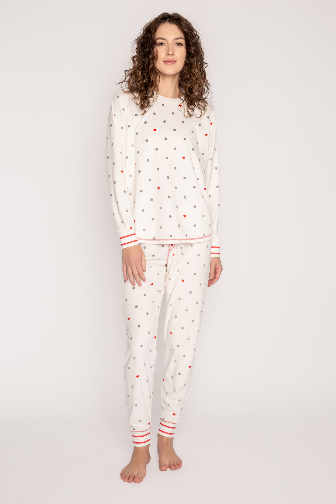 Silky velour knit pj set top & pant in ivory grey-red dot pattern. Red stitching & stripe cuffs. (7257678381156)