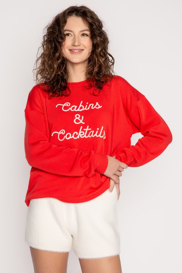 Red fleece pullover top with 'Cabins & Cocktails' script embroidery at chest in ivory. (7257678446692)