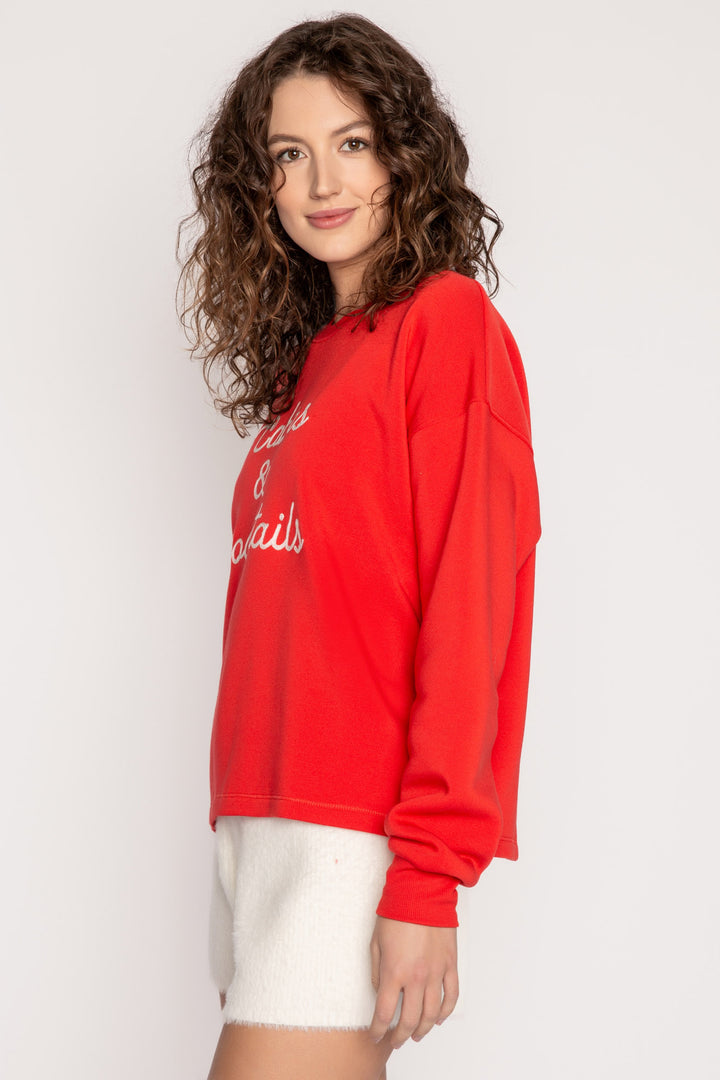 Red fleece pullover top with 'Cabins & Cocktails' script embroidery at chest in ivory. (7257678446692)